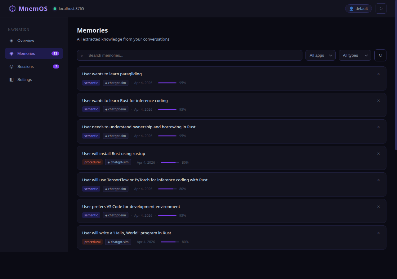 MnemOS dashboard memories page