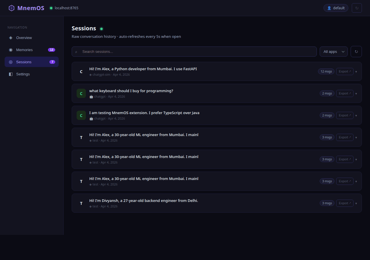 MnemOS dashboard sessions page