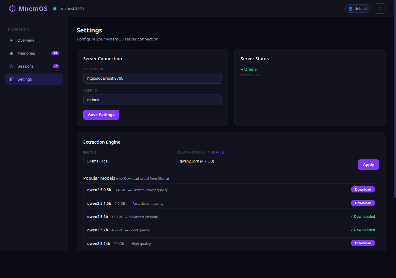 MnemOS dashboard settings page