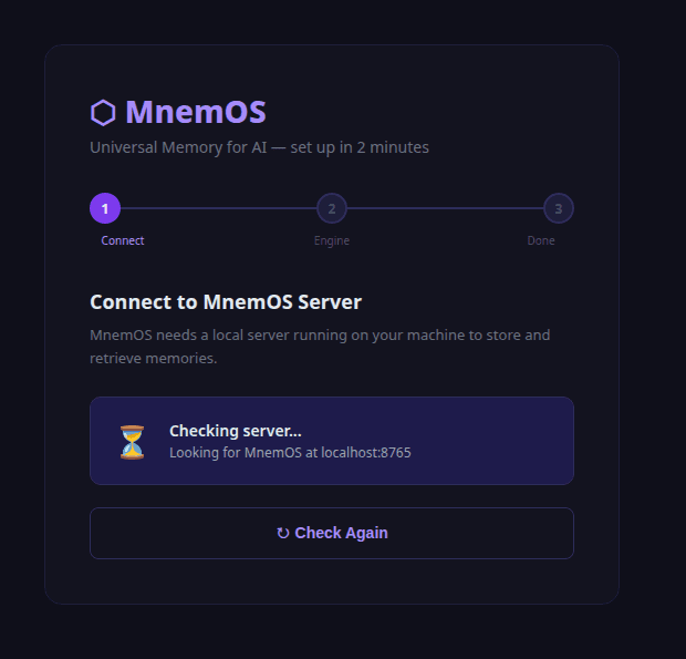 MnemOS onboarding step 1: checking for local server