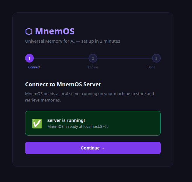 MnemOS onboarding step 1: server connected