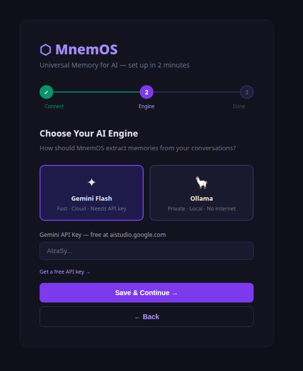 MnemOS onboarding step 2: choosing an extraction engine