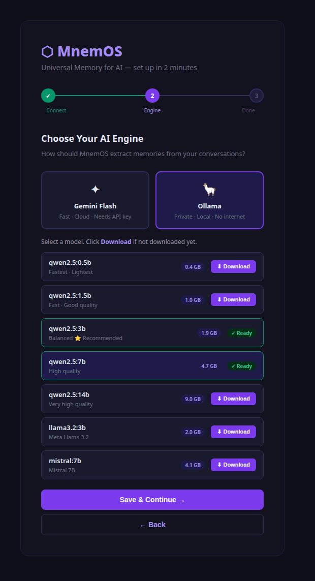 MnemOS onboarding step 2: selecting a local Ollama model