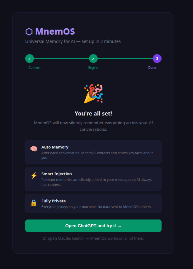 MnemOS onboarding step 3: setup complete